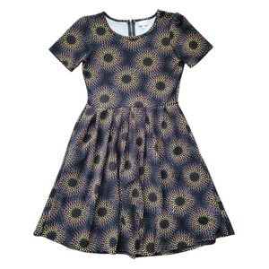 Lularoe Amelia Dress Fit & Flare Black & Multi Color Burst Pattern MD